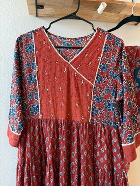 Pure cotton full umbrella indian dress Red with Blue Floral Print ( never use )